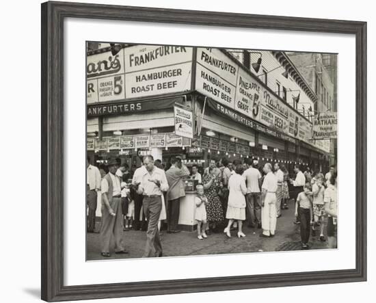 New York City Street Corner with Customers Ordering and Eating Nathan's Hot Dogs-null-Framed Photo