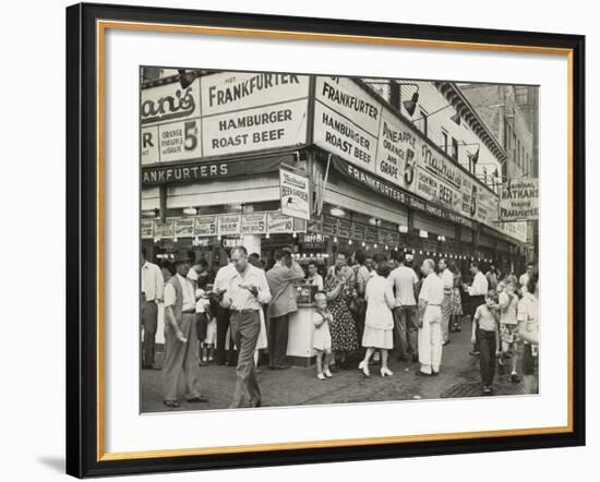 New York City Street Corner with Customers Ordering and Eating Nathan's Hot Dogs-null-Framed Photo