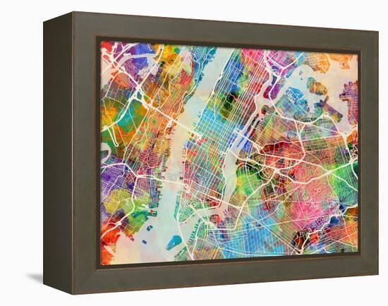 New York City Street Map-Michael Tompsett-Framed Stretched Canvas