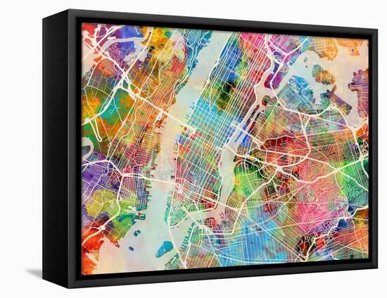 New York City Street Map-Michael Tompsett-Framed Stretched Canvas