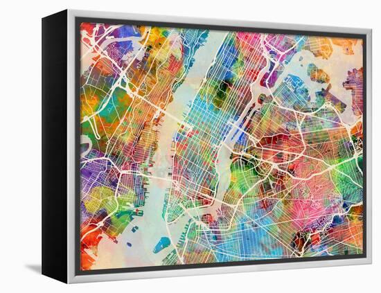 New York City Street Map-Michael Tompsett-Framed Stretched Canvas