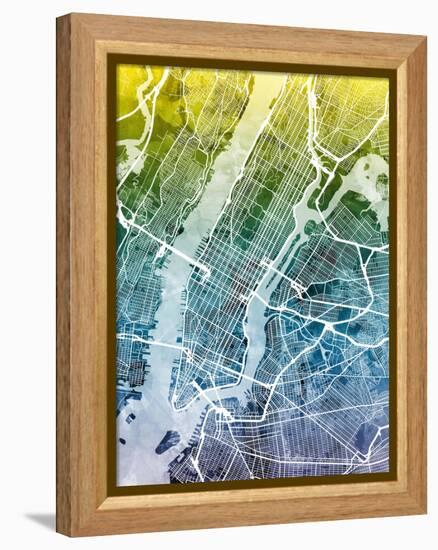 New York City Street Map-Michael Tompsett-Framed Stretched Canvas