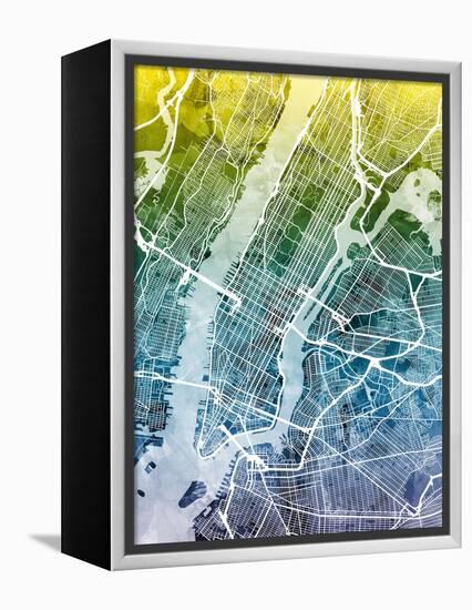 New York City Street Map-Michael Tompsett-Framed Stretched Canvas