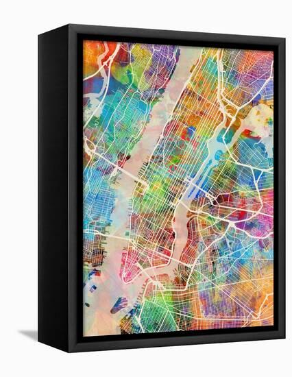 New York City Street Map-Tompsett Michael-Framed Stretched Canvas