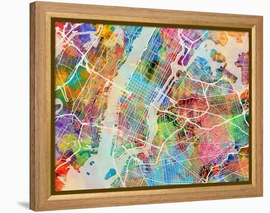 New York City Street Map-Michael Tompsett-Framed Stretched Canvas