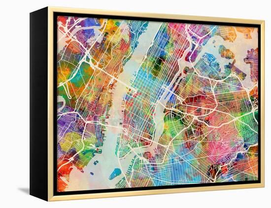 New York City Street Map-Michael Tompsett-Framed Stretched Canvas