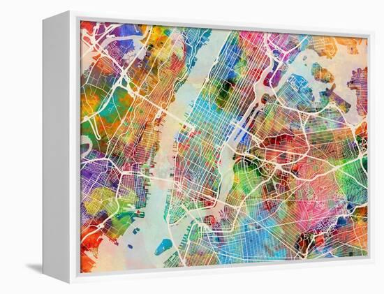 New York City Street Map-Michael Tompsett-Framed Stretched Canvas