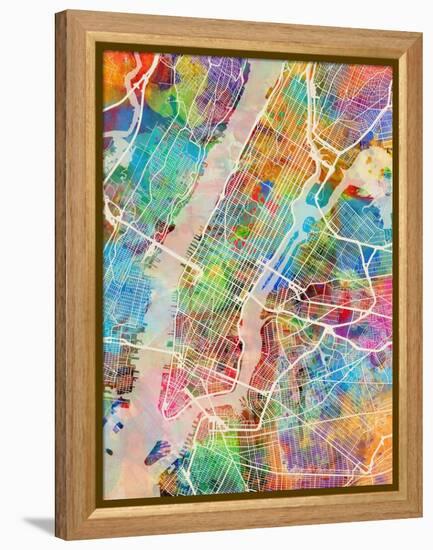 New York City Street Map-Michael Tompsett-Framed Stretched Canvas