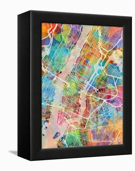 New York City Street Map-Michael Tompsett-Framed Stretched Canvas