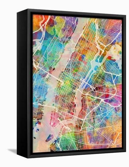 New York City Street Map-Michael Tompsett-Framed Stretched Canvas
