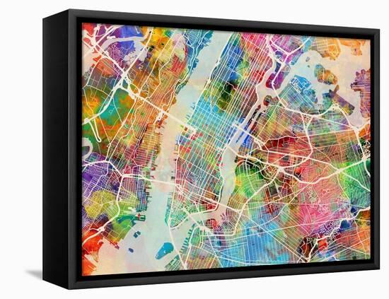 New York City Street Map-Tompsett Michael-Framed Stretched Canvas