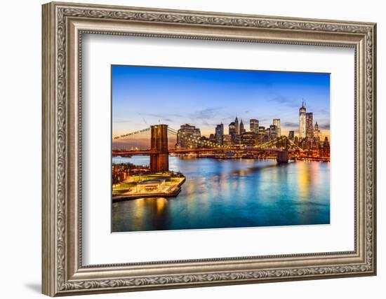 New York City, USA Skyline over East River and Brooklyn Bridge.-Sean Pavone-Framed Photographic Print