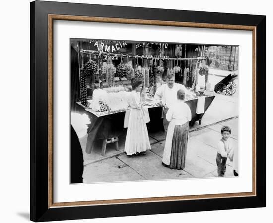 New York City, Vendor with Wares Displayed, Little Italy, 1900s-null-Framed Art Print