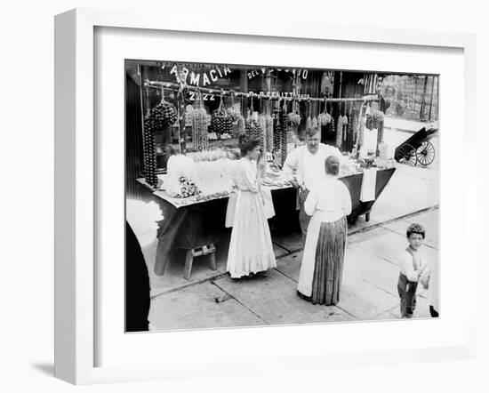 New York City, Vendor with Wares Displayed, Little Italy, 1900s-null-Framed Art Print