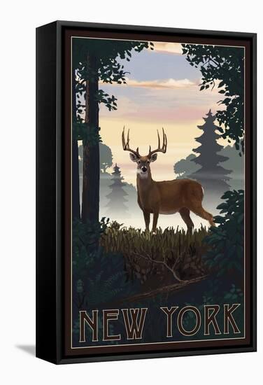 New York - Deer and Sunrise-Lantern Press-Framed Stretched Canvas