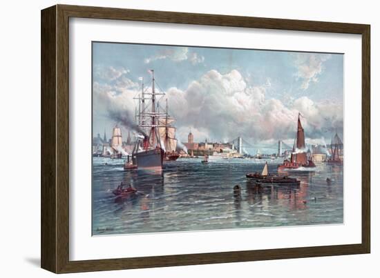 New York Harbor and the Brooklyn Bridge-Andrew W. Melrose-Framed Giclee Print