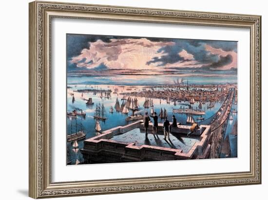 New York Harbor at Sunset-Currier & Ives-Framed Art Print