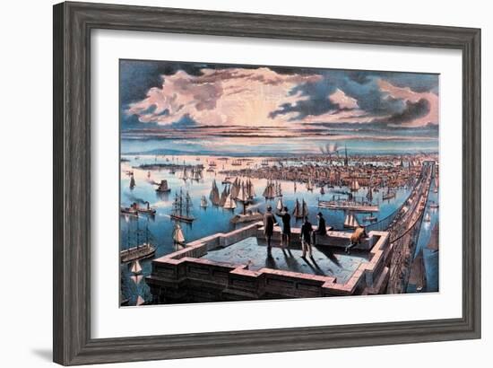 New York Harbor at Sunset-Currier & Ives-Framed Art Print