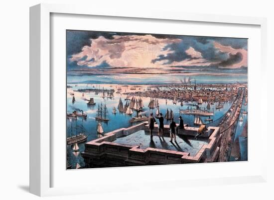 New York Harbor at Sunset-Currier & Ives-Framed Art Print