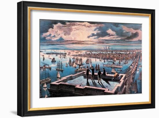 New York Harbor at Sunset-Currier & Ives-Framed Art Print