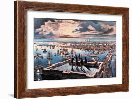 New York Harbor at Sunset-Currier & Ives-Framed Art Print