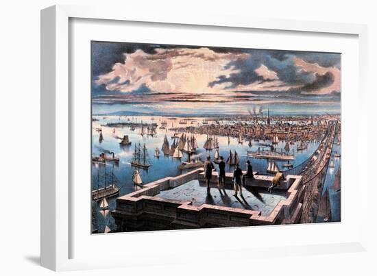 New York Harbor at Sunset-Currier & Ives-Framed Art Print