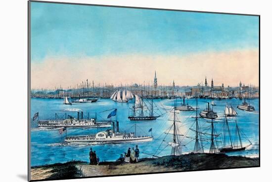 New York Harbor View-Currier & Ives-Mounted Art Print