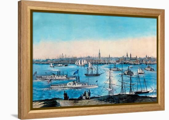 New York Harbor View-Currier & Ives-Framed Stretched Canvas