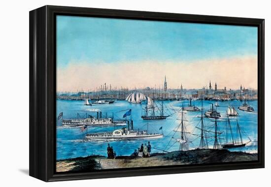 New York Harbor View-Currier & Ives-Framed Stretched Canvas