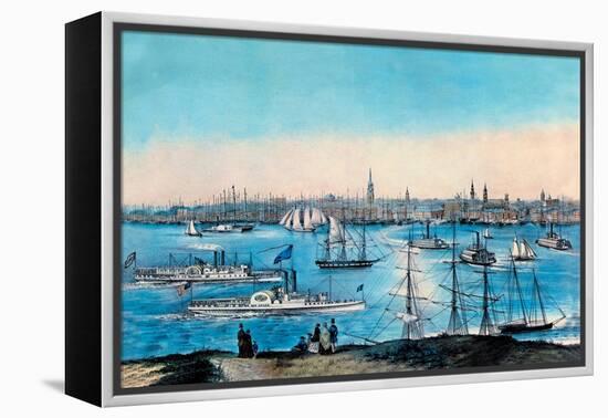 New York Harbor View-Currier & Ives-Framed Stretched Canvas