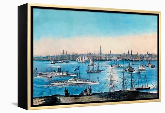 New York Harbor View-Currier & Ives-Framed Stretched Canvas