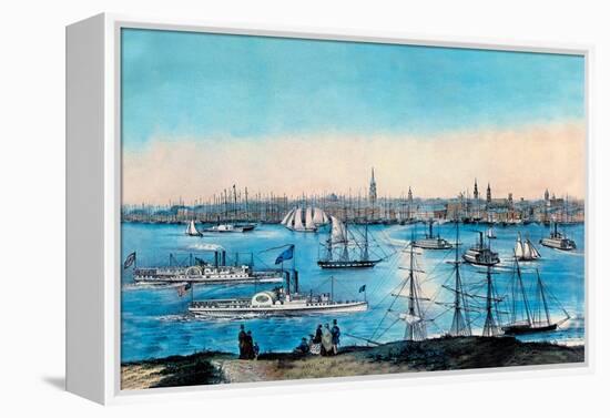 New York Harbor View-Currier & Ives-Framed Stretched Canvas