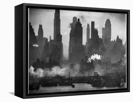 New York Harbor with Its Majestic Silhouette of Skyscrapers Looking Straight Down Bustling 42nd St.-Andreas Feininger-Framed Premier Image Canvas