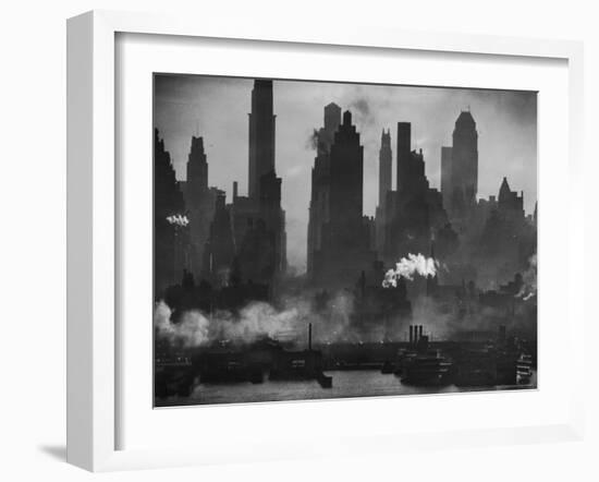 New York Harbor with Its Majestic Silhouette of Skyscrapers Looking Straight Down Bustling 42nd St.-Andreas Feininger-Framed Photographic Print