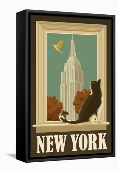 New York, New York - Empire State Buildin and Cat Window-Lantern Press-Framed Stretched Canvas