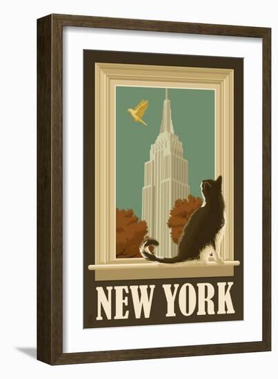 New York, New York - Empire State Buildin and Cat Window-Lantern Press-Framed Art Print