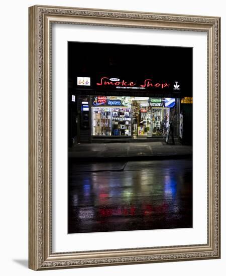 New York, NY, USA - Smoke Shop neon lights reflect in wet streets of New York-Panoramic Images-Framed Photographic Print