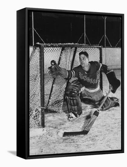 New York Rangers Goal Tender Dave Kerr Stopping the Puck-Gjon Mili-Framed Premier Image Canvas