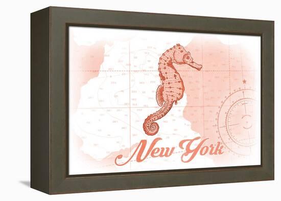 New York - Seahorse - Coral - Coastal Icon-Lantern Press-Framed Stretched Canvas
