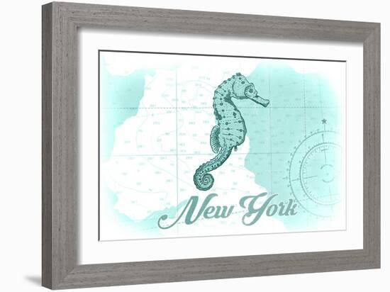 New York - Seahorse - Teal - Coastal Icon-Lantern Press-Framed Art Print