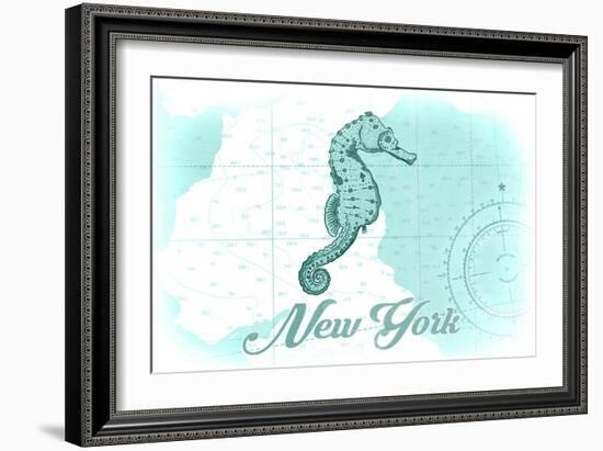 New York - Seahorse - Teal - Coastal Icon-Lantern Press-Framed Art Print