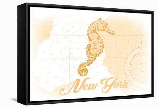 New York - Seahorse - Yellow - Coastal Icon-Lantern Press-Framed Stretched Canvas