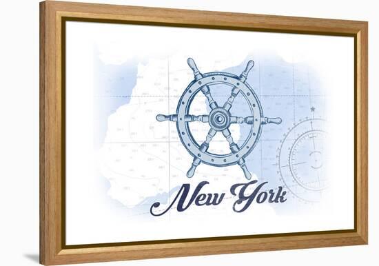 New York - Ship Wheel - Blue - Coastal Icon-Lantern Press-Framed Stretched Canvas