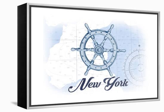 New York - Ship Wheel - Blue - Coastal Icon-Lantern Press-Framed Stretched Canvas