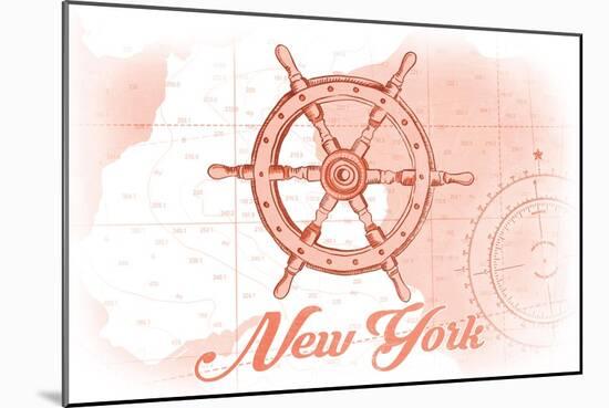 New York - Ship Wheel - Coral - Coastal Icon-Lantern Press-Mounted Art Print