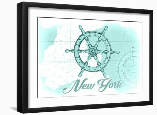 New York - Ship Wheel - Teal - Coastal Icon-Lantern Press-Framed Premium Giclee Print