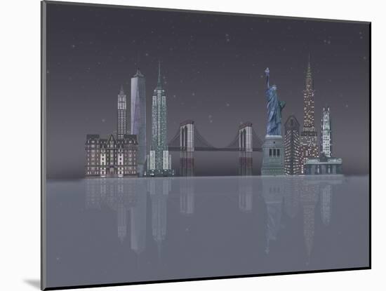 New York Skyline Night Reflections-Fab Funky-Mounted Art Print