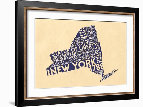 New York State Outline Typography (Cream)-Lantern Press-Framed Art Print