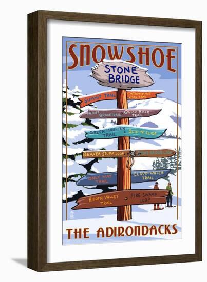 New York - the Adirondacks - Stone Bridge Snowshoe Signpost-Lantern Press-Framed Art Print