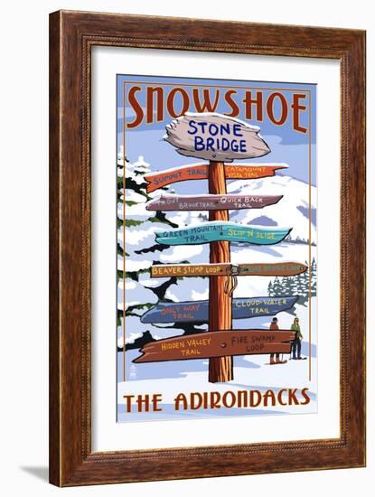 New York - the Adirondacks - Stone Bridge Snowshoe Signpost-Lantern Press-Framed Art Print